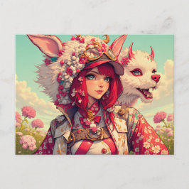 Postal Chica anime con criatura fantasía, poscruce
