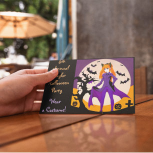 Postal Chica anime en fiesta de Halloween con disfraces d