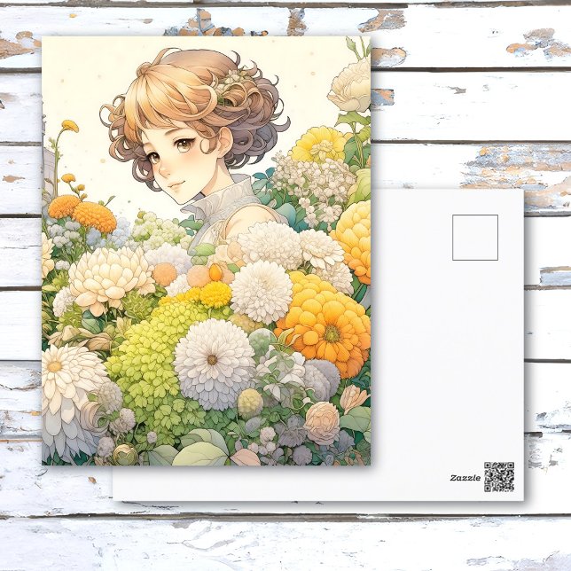Postal Chica Anime en Flores Amarillas Cumpleaños Persona (Subido por el creador)