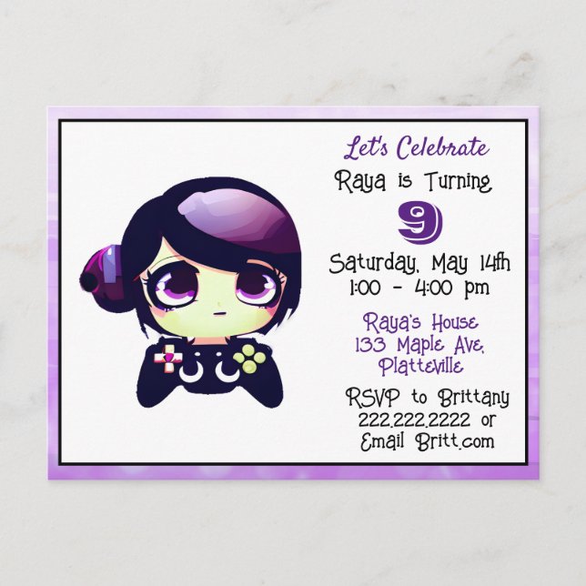 Postal Chica Anime Gamer Morado y Negro Cumpleaños Infant (Anverso)