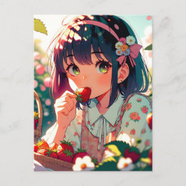 Postal Chica anime linda comiendo fresas