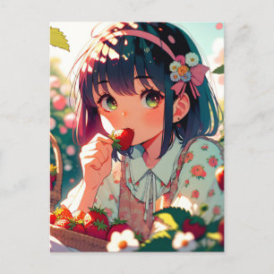 Postal Chica Anime Linda Comiendo Fresas  