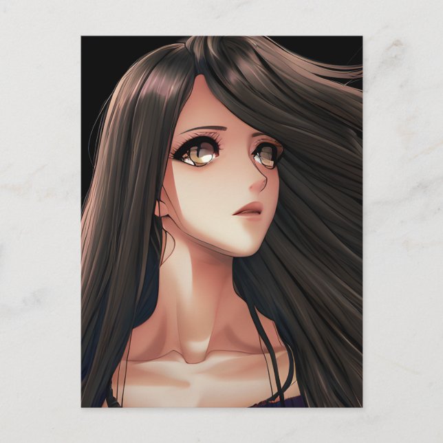 Postal Chica Anime Morena de Ojos Marrones | Te Extraño (Anverso)