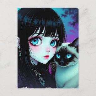 Postal Chica Anime y Gato Siamés   Decir Hola