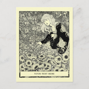 Postal Chica Art Nouveau de época entre campos de flores