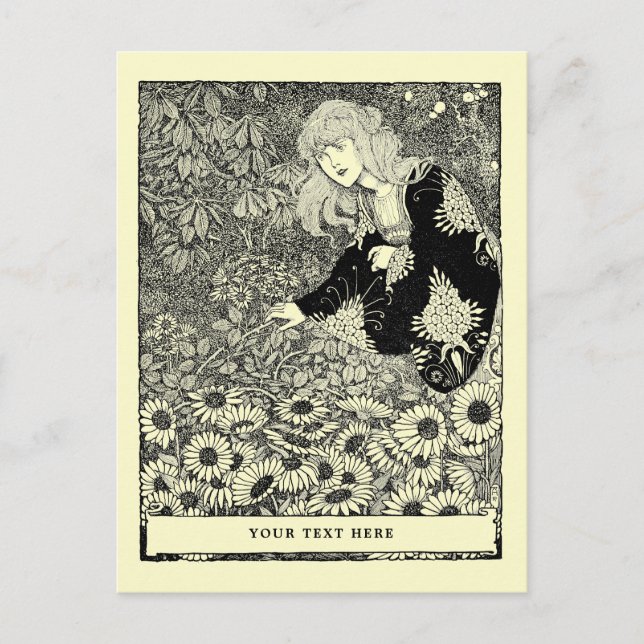 Postal Chica Art Nouveau de época entre campos de flores (Anverso)