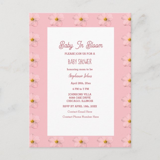 Postal Chica Baby Shower Bebé En Bloom Patrón Floral Rosa (Anverso)