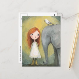 Postal Chica Bonita Pelo Rojo Con Elefante y Pájaro