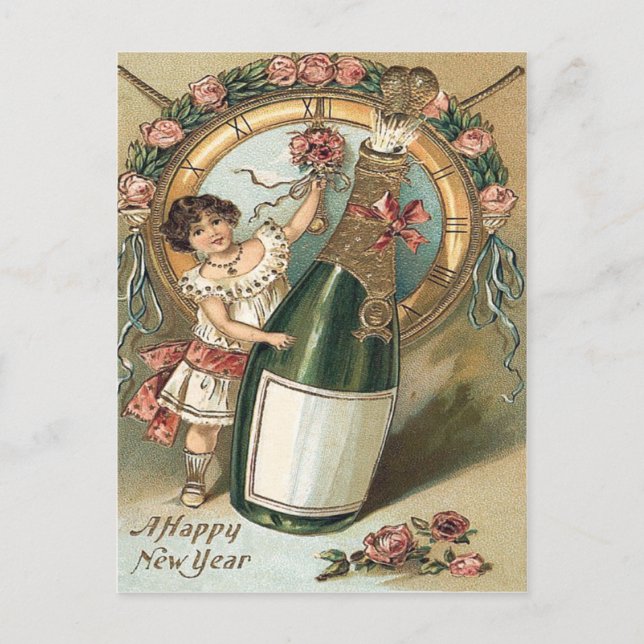 Postal Chica Botella de Champán Rosa Reloj (Anverso)