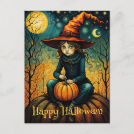 Postal Chica Bruja Sentada En Una Calabaza Halloween
