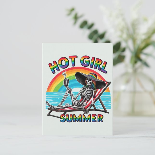 Postal Chica caliente Skeleton Retro Beach Design (Anverso de pie)