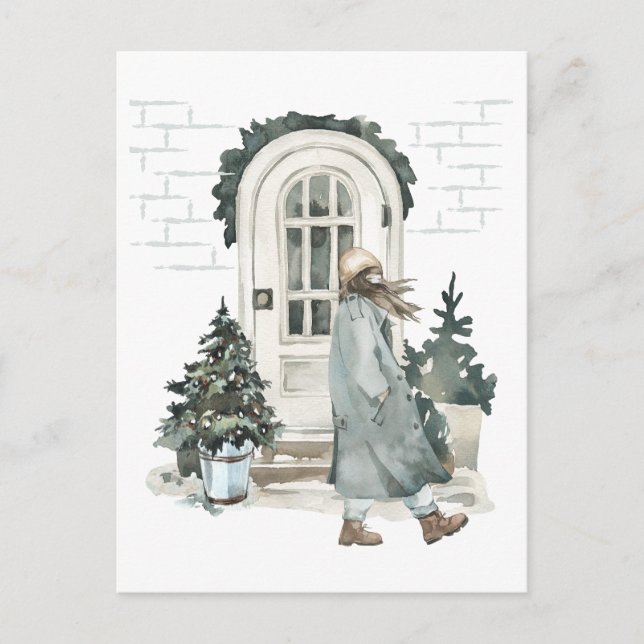 Postal Chica caminando por la calle en invierno (Anverso)