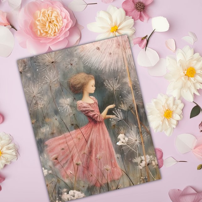 Postal Chica caprichoso en un campo de leones (Whimsical Pink Girl amidst Dandelion Delight - A Charming Postcard!)