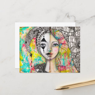Postal Chica colorido Jester Black White Fun Whimsical Ar
