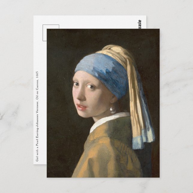 Postal Chica con arte Pearl Earring-Johannes Vermeer (Anverso / Reverso)