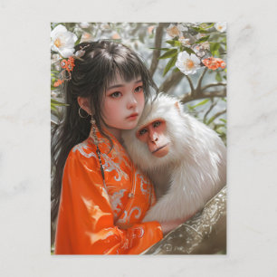 Postal Chica con arte zodiaco chino con monos
