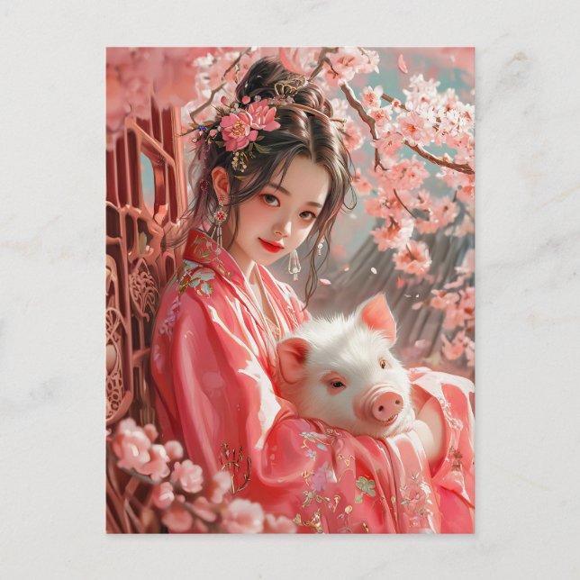 Postal Chica con arte zodíaco chino de cerdo (Anverso)