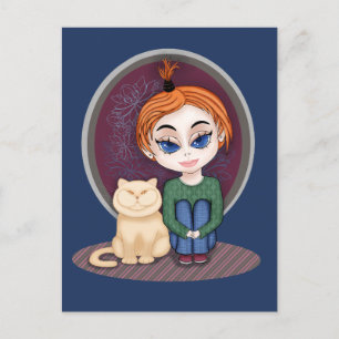 Postal Chica con Cat. Estilo de Chibi. Acerca de los verd