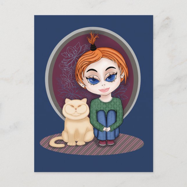 Postal Chica con Cat. Estilo de Chibi. Acerca de los verd (Anverso)