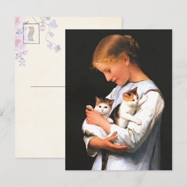 Postal Chica con dos gatitos (1888) de Albert Anker (Anverso / Reverso)