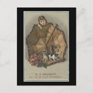 Postal Chica con el paraguas de la efemera gatita