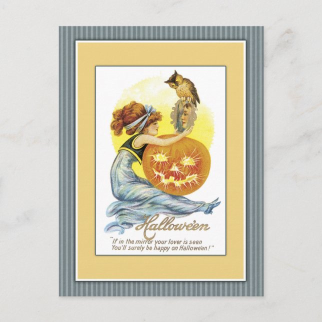 Postal Chica con espejo, calabaza y búho (Anverso)