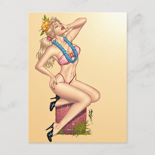 Postal Chica con flores de Al Rio en bikini rubio (Anverso)