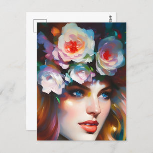 Postal Chica con flores rosas en la cabeza
