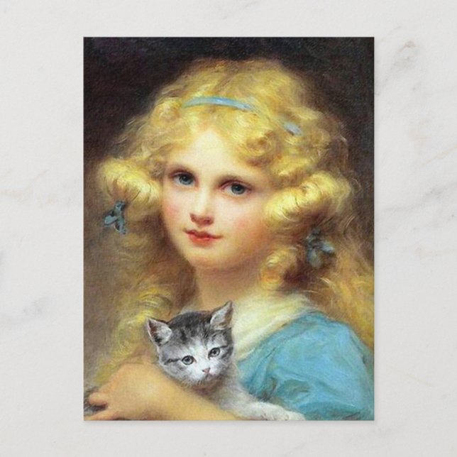 Postal Chica con gatito: Pintura de época de E. Cabane (Anverso)