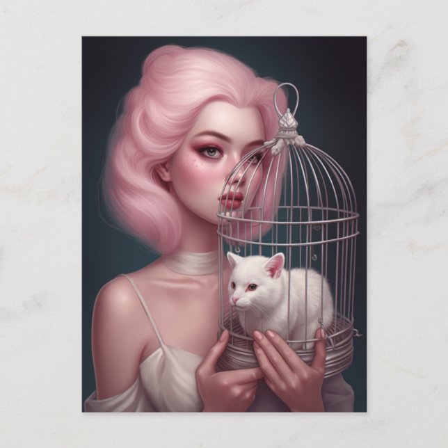 Postal Chica con gato blanco de pelo rosado en jaula (Anverso)