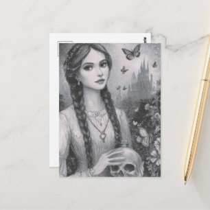 Postal Chica con la calavera Fantasía en blanco y negro