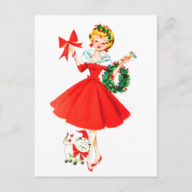 Postal Chica con Navidades corona y su pequeño gato (Anverso)