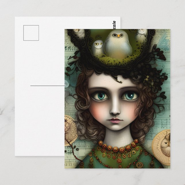 Postal Chica con nido de pájaro en la cabeza (Anverso / Reverso)