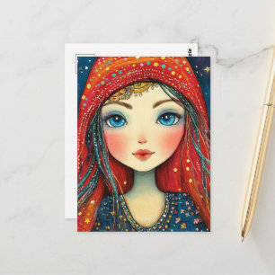Postal Chica con ojos azules vestida de rojo y azul