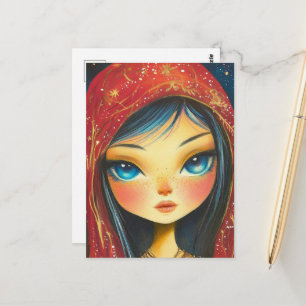 Postal Chica Con Ojos Azules y Cabello que Lleva Rojo