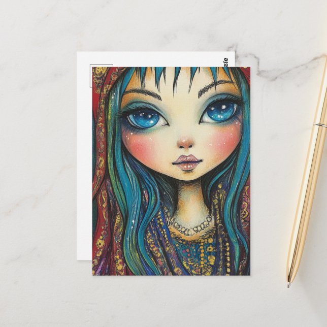 Postal Chica Con Ojos y Cabello Azules (Anverso/Reverso In Situ)