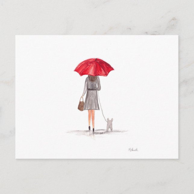 Postal Chica con paraguas rojos (Anverso)