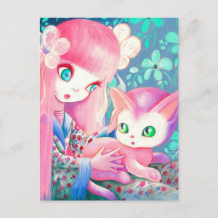 Postal Chica con pelo rosa en kimono con gato kawaii