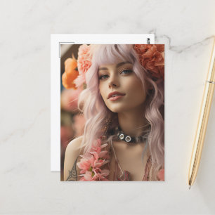 Postal Chica con pelo rosado y flores
