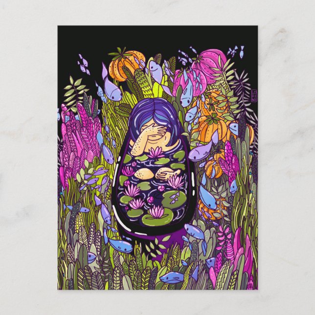 Postal Chica con pelo violeta en la piscina del jardín ne (Anverso)