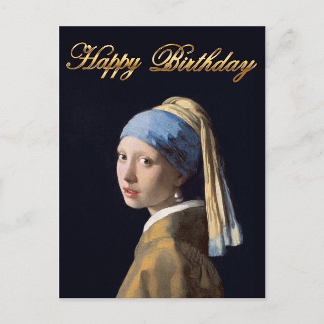 Postal Chica con pendiente de perla 1665 Feliz Cumpleaños (Anverso)