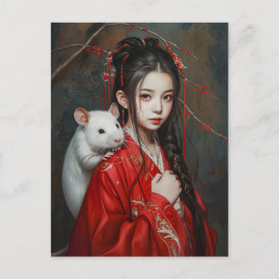 Postal Chica con Rata Arte del Zodiaco Chino