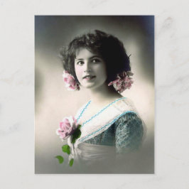 Postal "Chica con rosas rosadas"