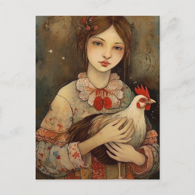 Postal Chica con su Mascota Pollo Ai Art (Anverso)