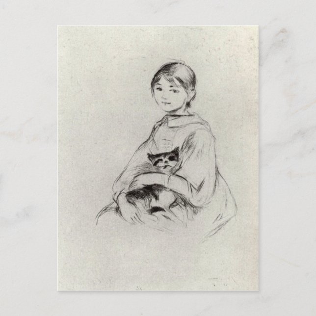 Postal Chica con un gato de Berthe Morisot (Anverso)