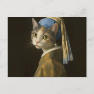 Postal Chica con un gato pendiente de perla