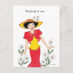 Postal Chica con vestido amarillo y rojo