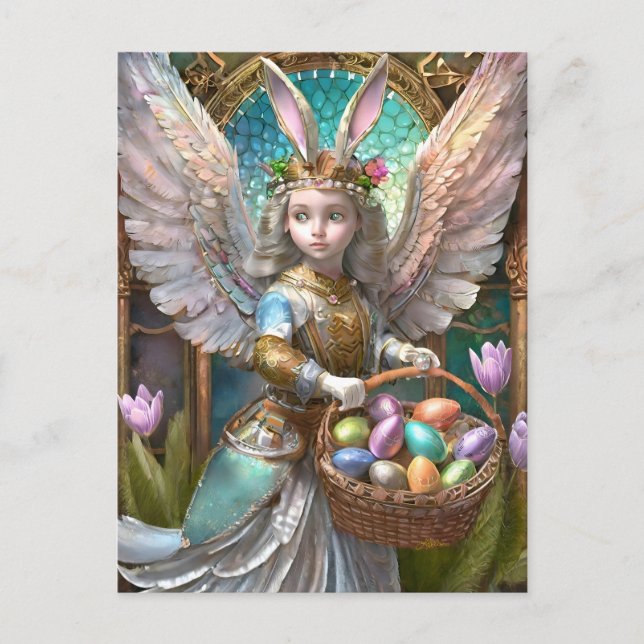 Postal Chica Con Vestido De Ángel Conejito De Pascua (Anverso)