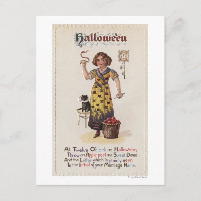 Postal Chica con vestido negro de gato con gato negro (Anverso)