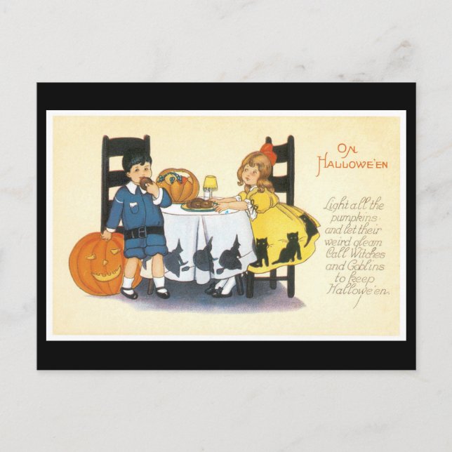 Postal Chica con vestido negro de Halloween (Anverso)